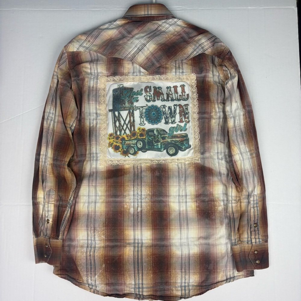 Upcycled Small Town Girl Women Medium Shirt Plaid Brown Cow Turquoise Truck